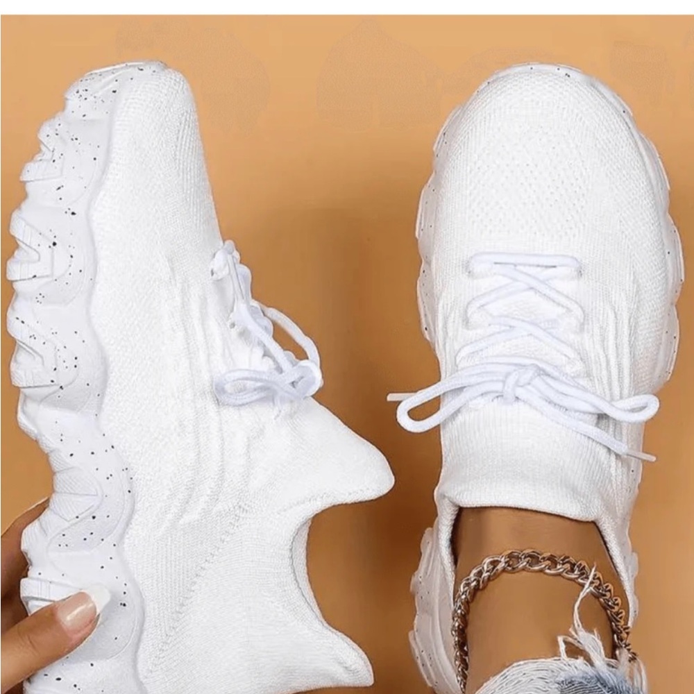 Women’s White Knit Lace-Up Sneakers - Casual Comfort